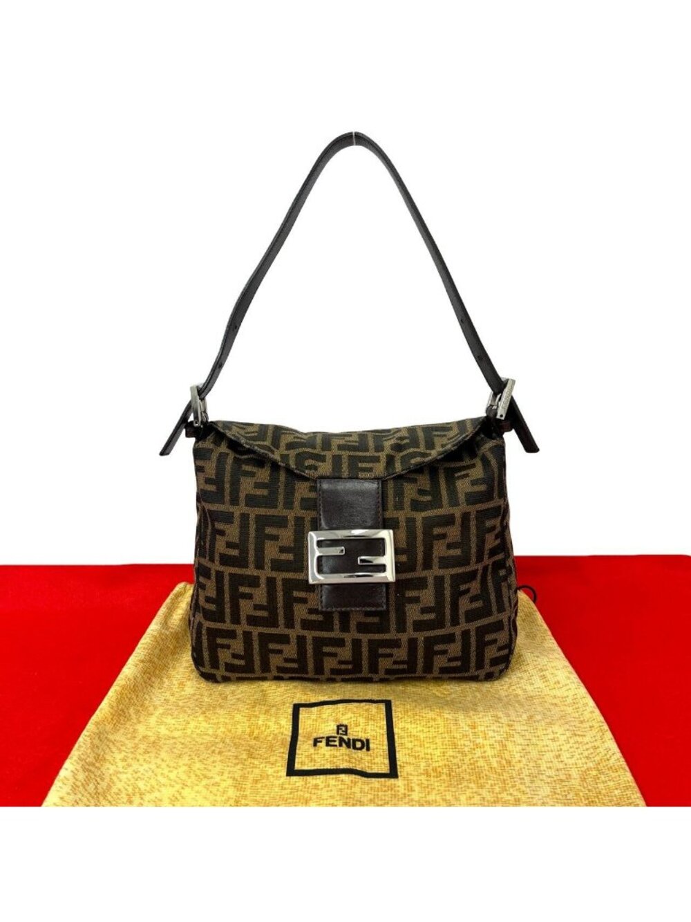Fendi Zucca FF Pattern Canvas Leather Shoulder Bag Brown